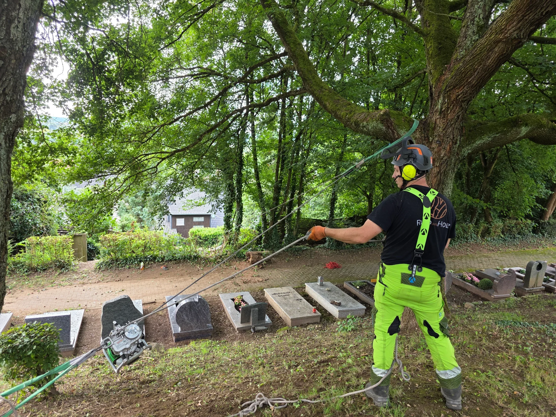 Kommunale Baumarbeiten der Baumhelden im Saarland mit Kran und Verkehrssicherung